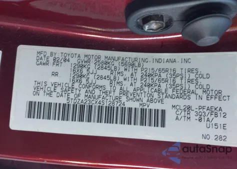 2004 Toyota Sienna Le из США, поврежденный, VIN 5TDZA23CX4S128724